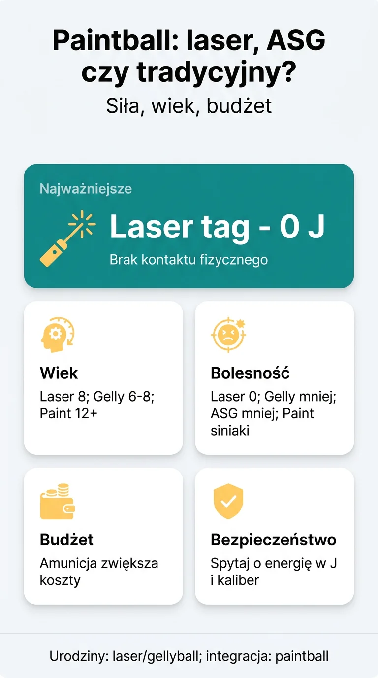 Infografika: Co wybrać: paintball laserowy, ASG czy paintball tradycyjny? Porównanie siły uderzenia, wieku i budżetu