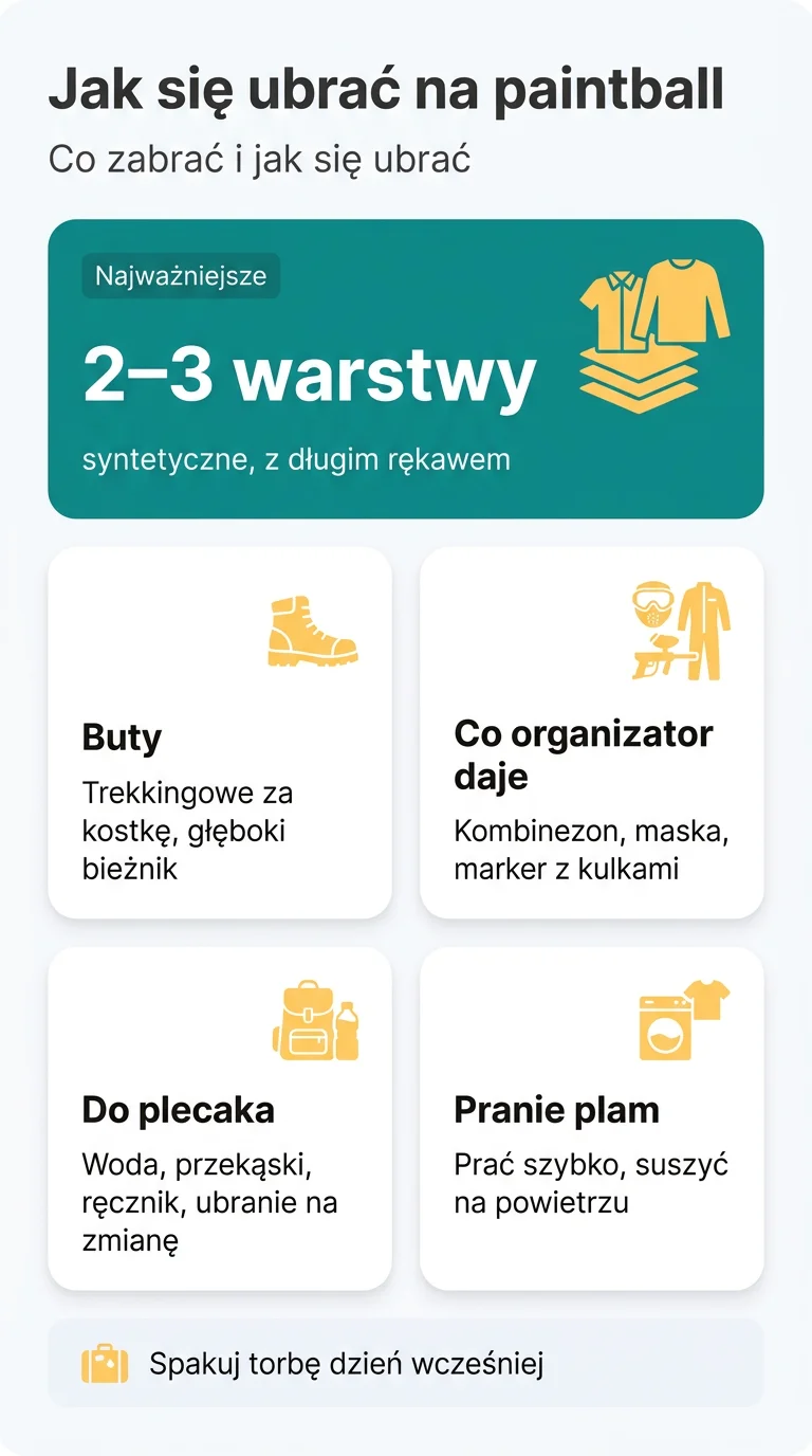 Infografika: Jak się ubrać na paintball i co zabrać – poradnik przygotowania