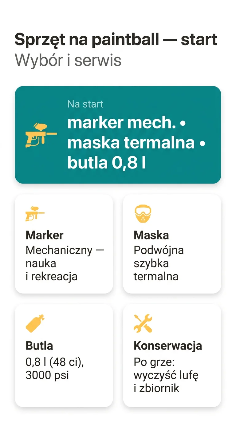 Infografika: Jaki sprzęt na paintball wybrać i jak go serwisować? Przewodnik po markerach, maskach i butlach HP